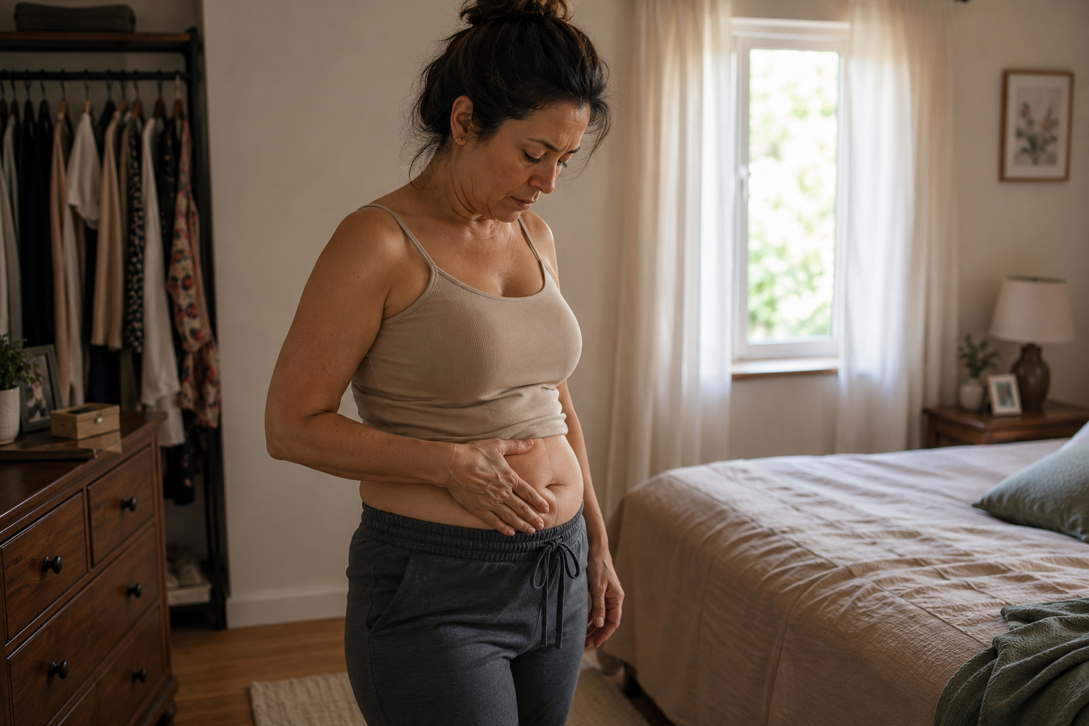 Mulher no quarto olhando e tocando a barriga