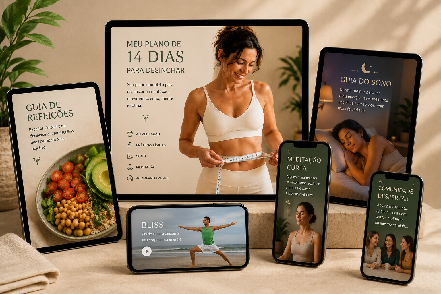 Tudo que você recebe no Plano Despertar: Plano de 14 Dias, Guia de Refeições, BLISS, Guia do Sono, Meditação Curta e Comunidade Despertar
