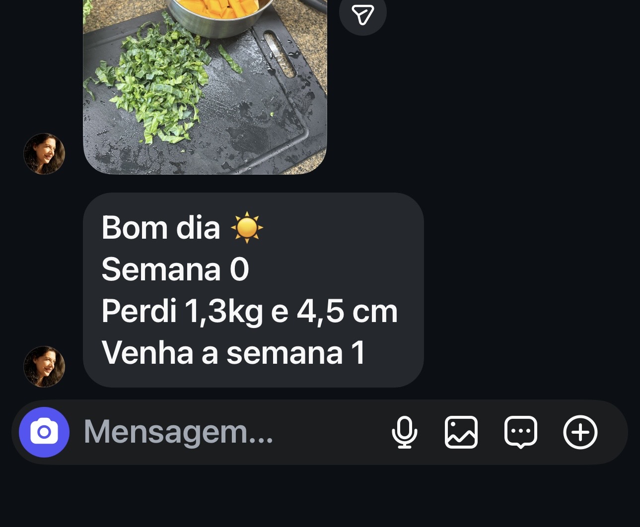Print real da mensagem de Cláudia M. sobre os seus resultados