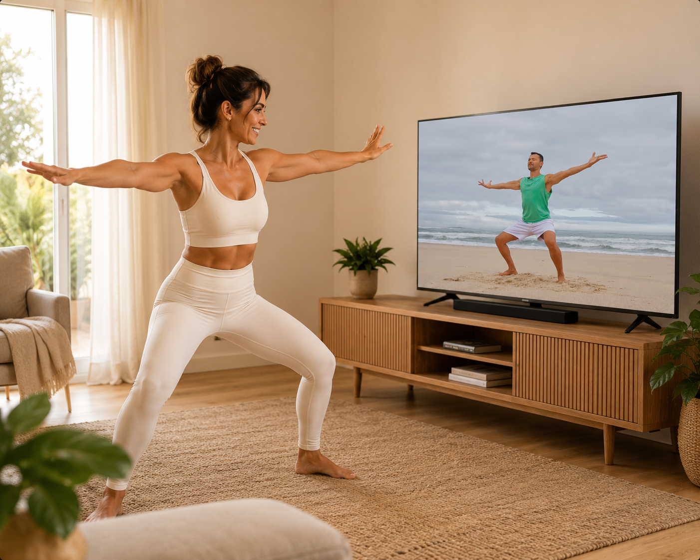 Mulher fazendo prática física em casa acompanhando a televisão
