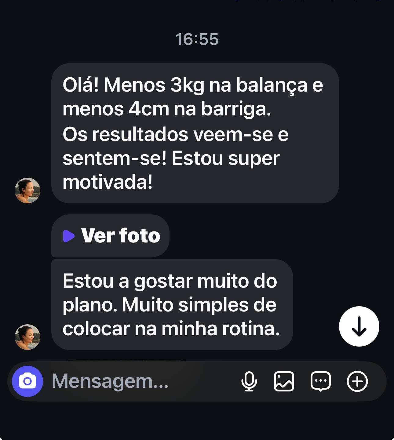 Print real da mensagem de Catarina M. sobre os seus resultados